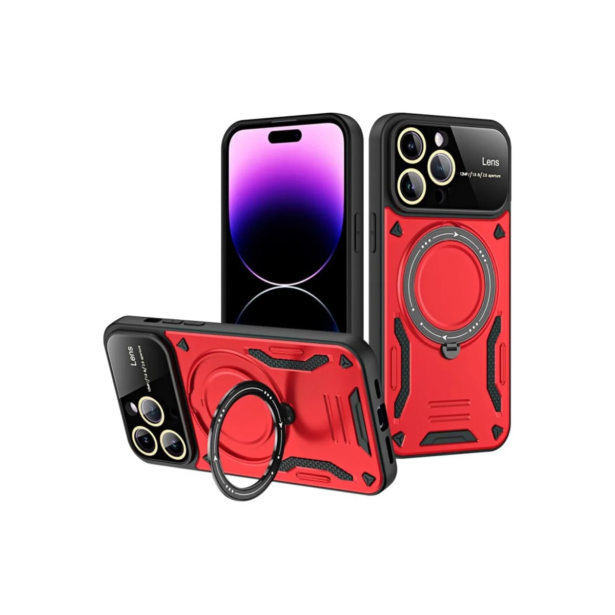 iPhone 16 Pro Max Joy Lens Standlı Kılıf Kırmızı - 360 Döner Parmak Halkası ve Askeri Darbe Korumalı