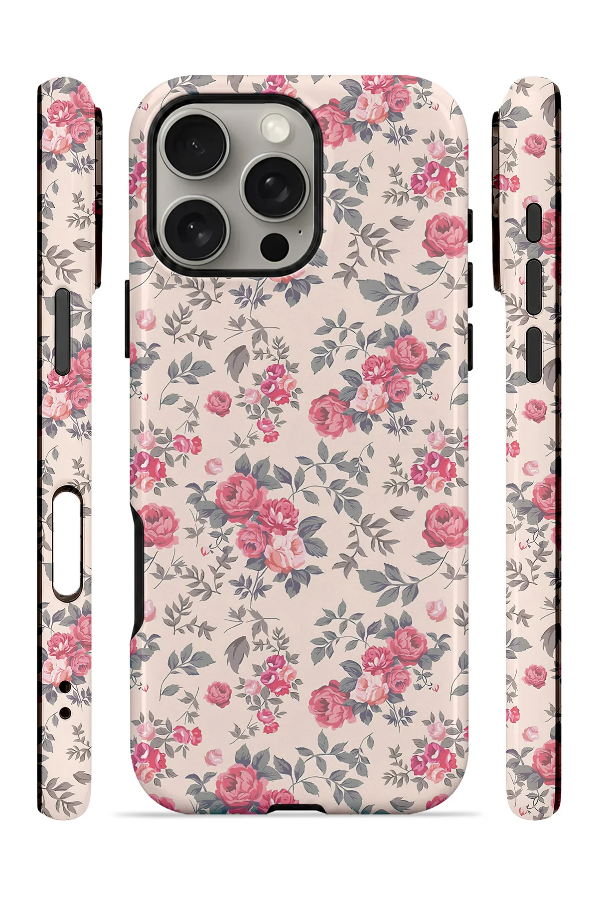 iPhone 16 Pro Vorian Çift Katmanlı Pembe Vintage Çiçek Kılıf - Görsel 3