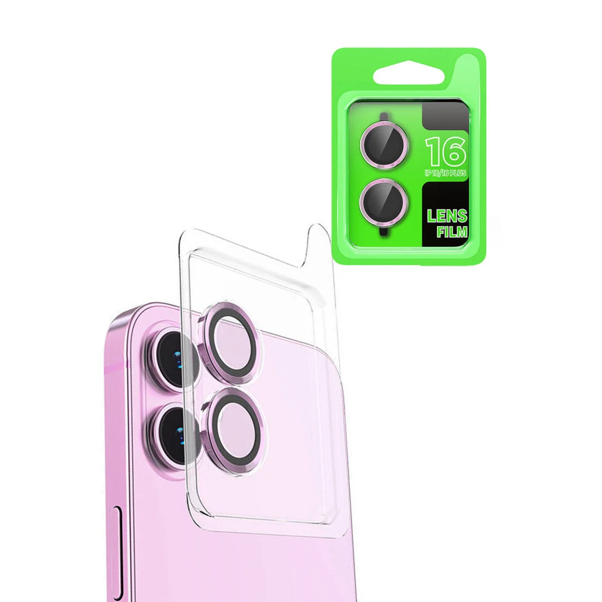 iPhone 16 Raze Metal Kamera Lens Koruması - Pembe Tempered Cam ve AR Kaplamalı