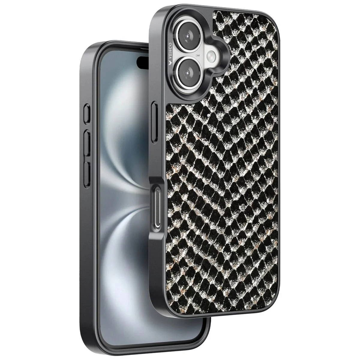 iPhone 16 Viper Kapak ile Uyumlu Siyah Yılan Derisi Desenli Telefon Kılıfı - Lüks Koruma iPhone 16 Viper Kapak ile Uyumlu Siyah Yılan Derisi Desenli Telefon Kılıfı - Lüks Koruma