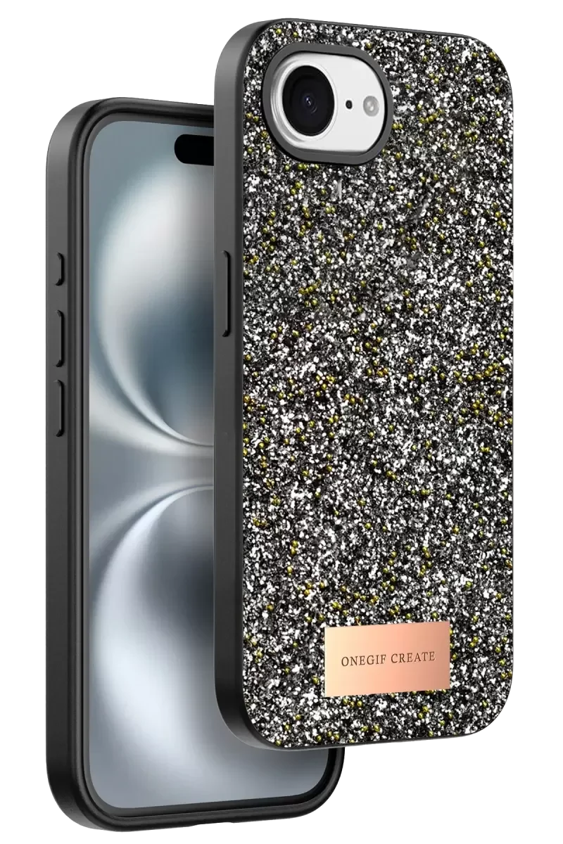 iPhone 16E ile Uyumlu Bright Simli Kapak - Gümüş Boncuk İşlemeli Şık Telefon Kılıfı