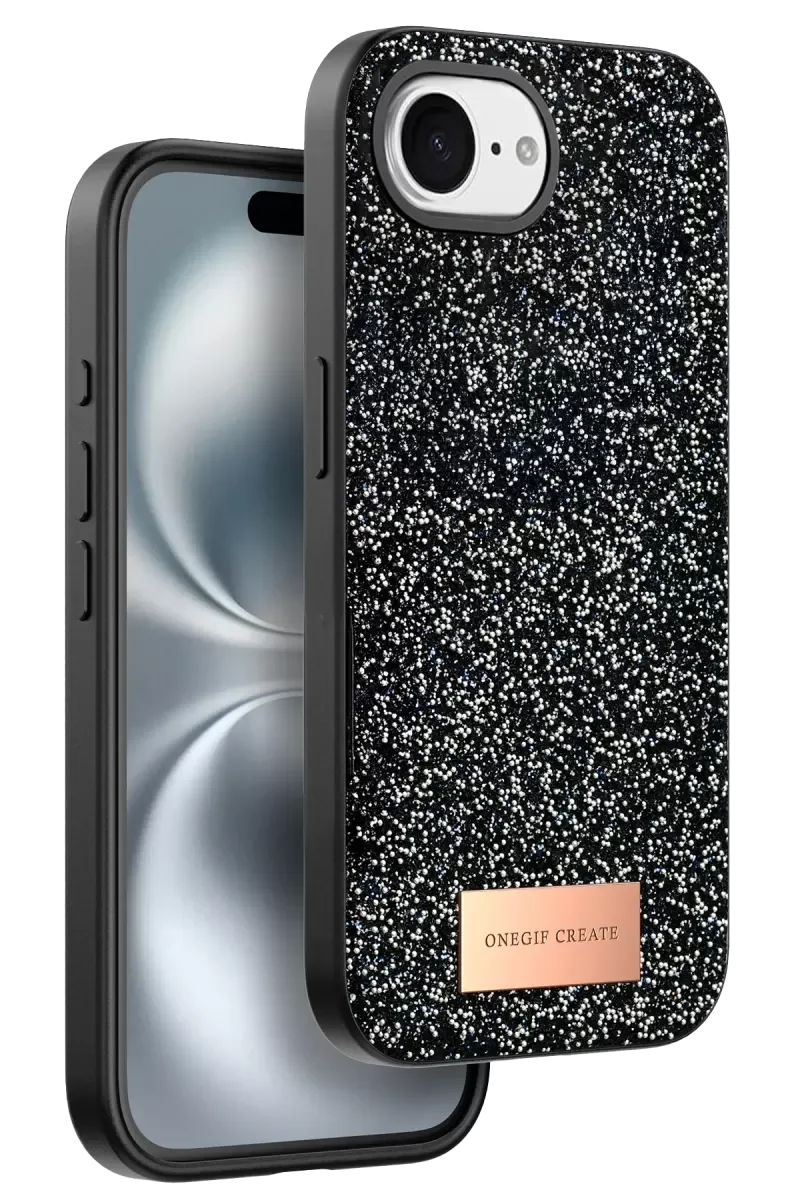 iPhone 16E ile Uyumlu Bright Simli Kapak - Siyah, Zarif Boncuk İşlemeli Telefon Kılıfı