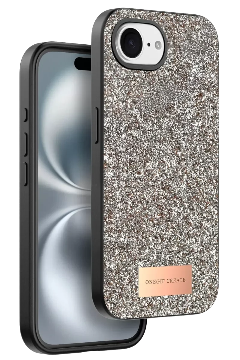 iPhone 16E ile Uyumlu Bright Simli Kapak - Çöl Titanyum Boncuk İşlemeli