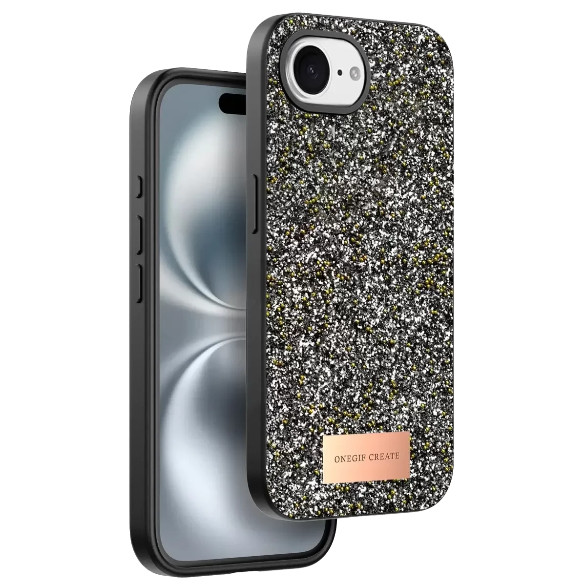 iPhone 16E ile Uyumlu Bright Simli Kapak - Gümüş Boncuk İşlemeli Şık Telefon Kılıfı
