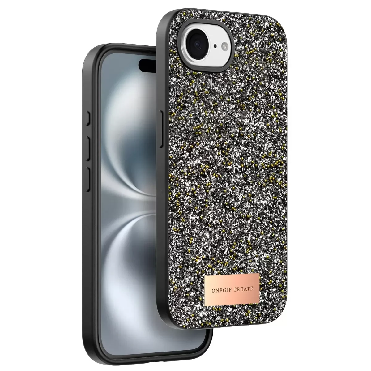 iPhone 16E ile Uyumlu Bright Simli Kapak - Gümüş Boncuk İşlemeli Şık Telefon Kılıfı