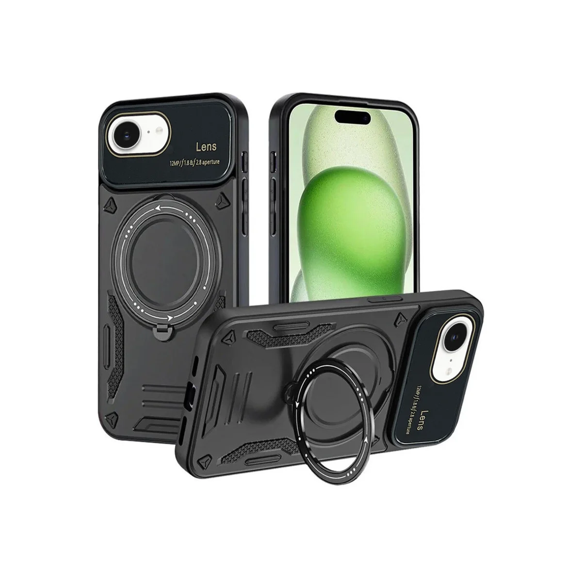 iPhone 16E Joy Lens Standlı Kılıf - 360° Döner Halka ve Askeri Darbe Koruması