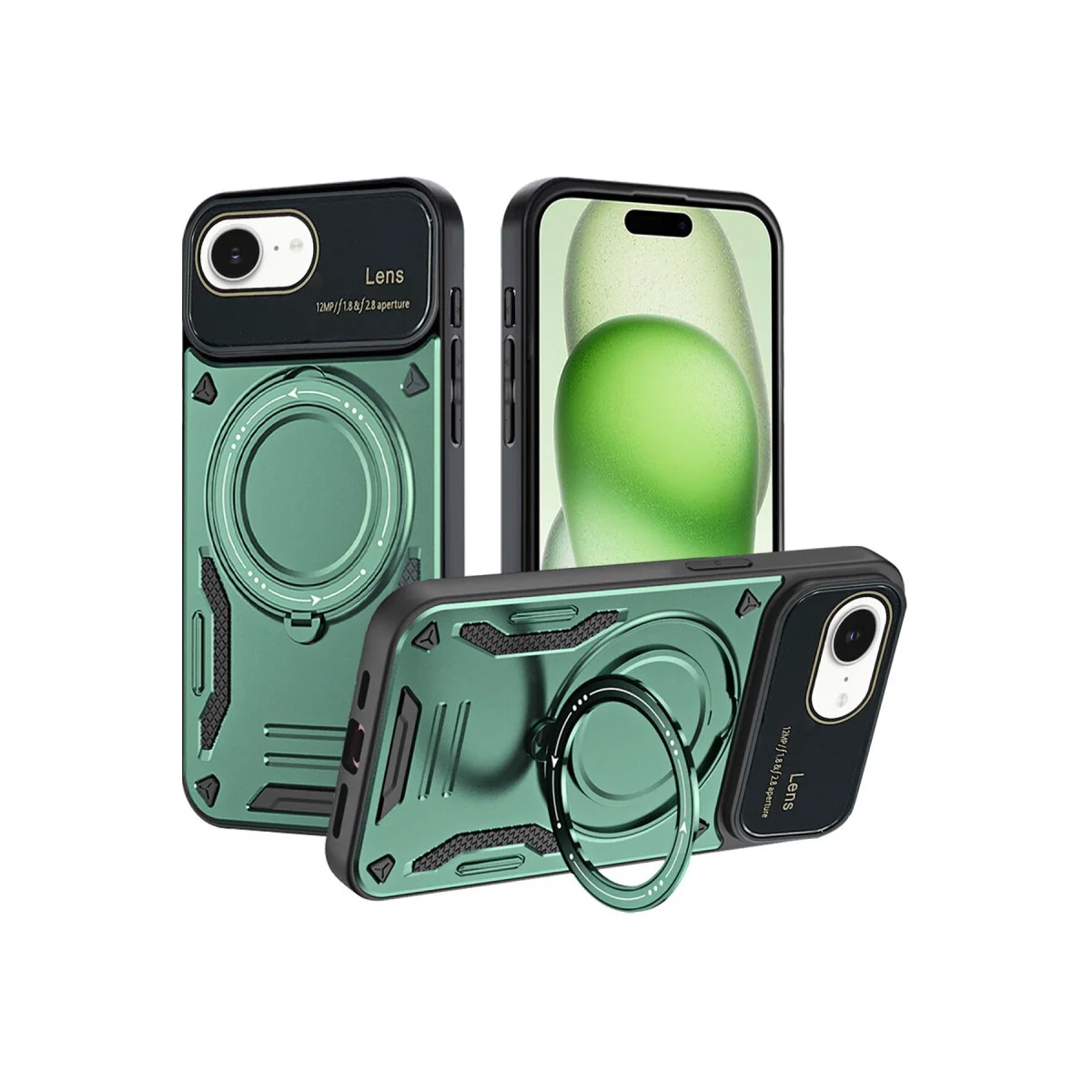 iPhone 16E Joy Lens Standlı Kılıf - Koyu Yeşil Askeri Koruma ve 360° Dönüşlü Stand