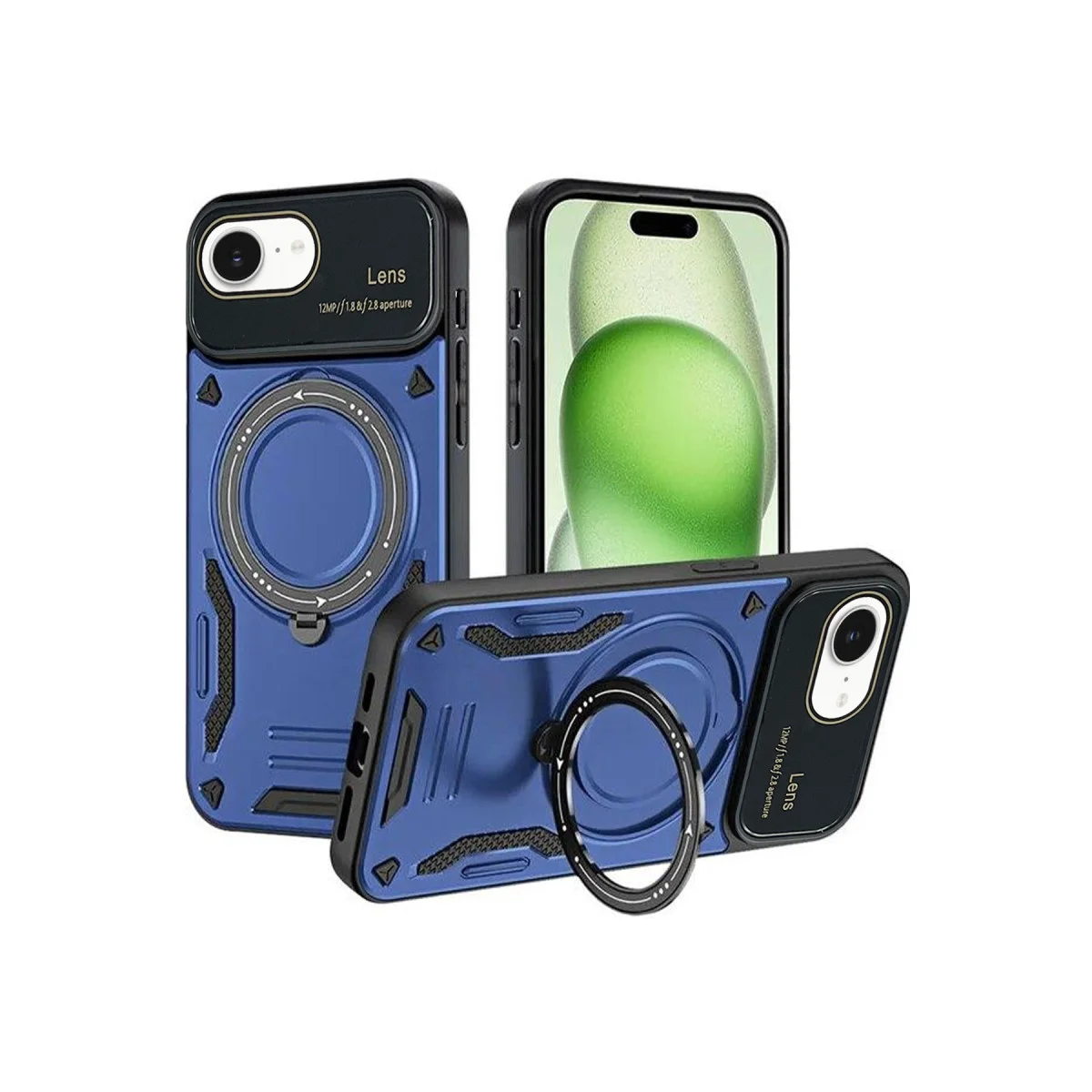 iPhone 16E Kılıf Joy Lens Standlı Kapak - Lacivert (360° Döner Stand)