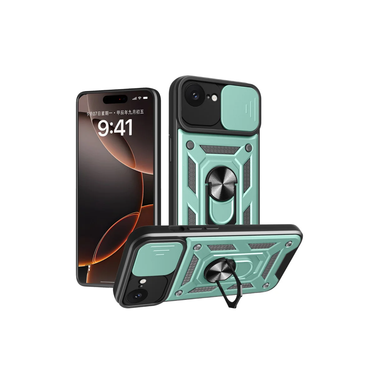 iPhone 16E Kılıf Pars Lens Yüzüklü Silikon - Yeşil - Maksimum Koruma ve Metal Stand Özelliği