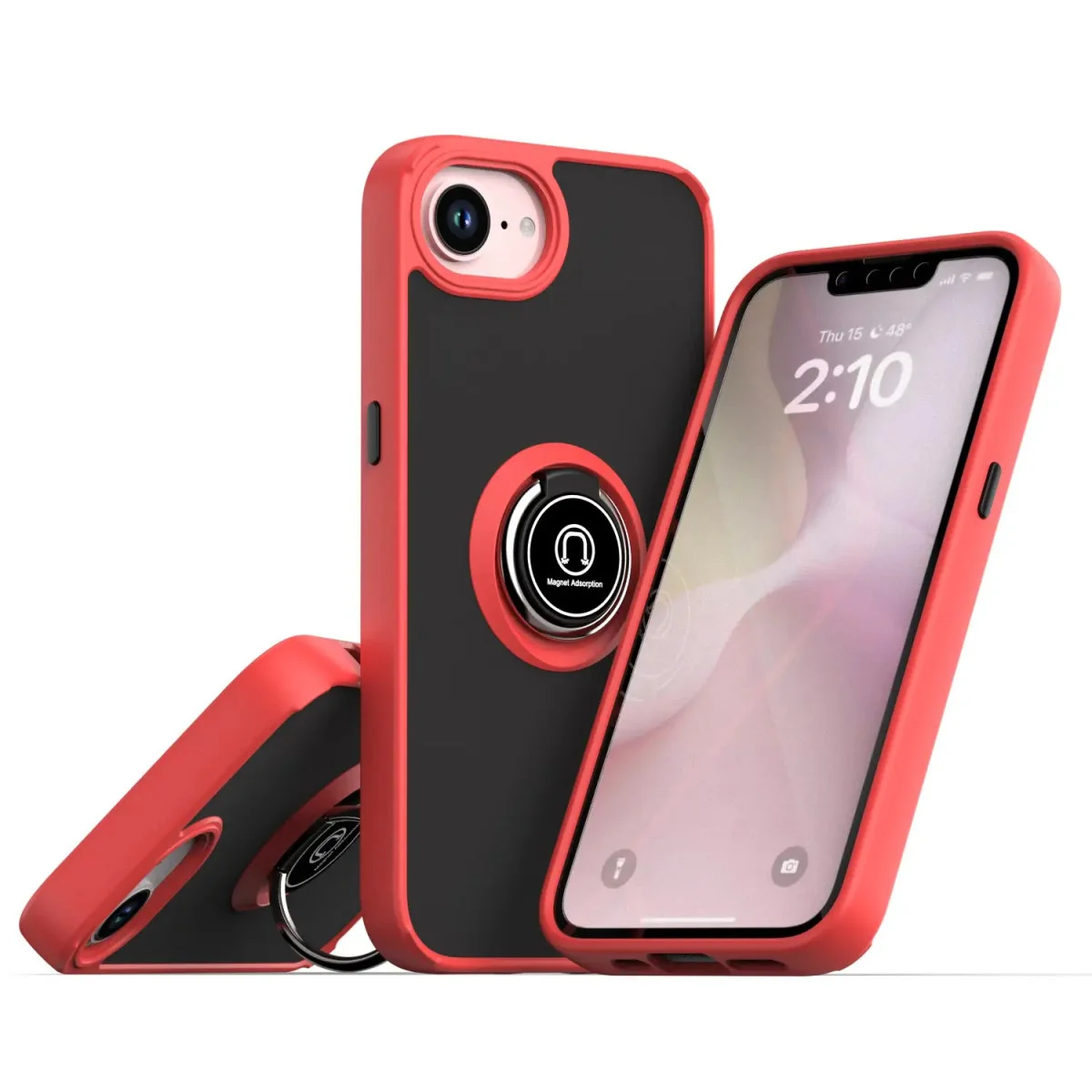 iPhone 16E Montreal Yüzüklü Silikon Kılıf - Kırmızı, BPA Serbest, Metal Standlı Korumalı Kılık