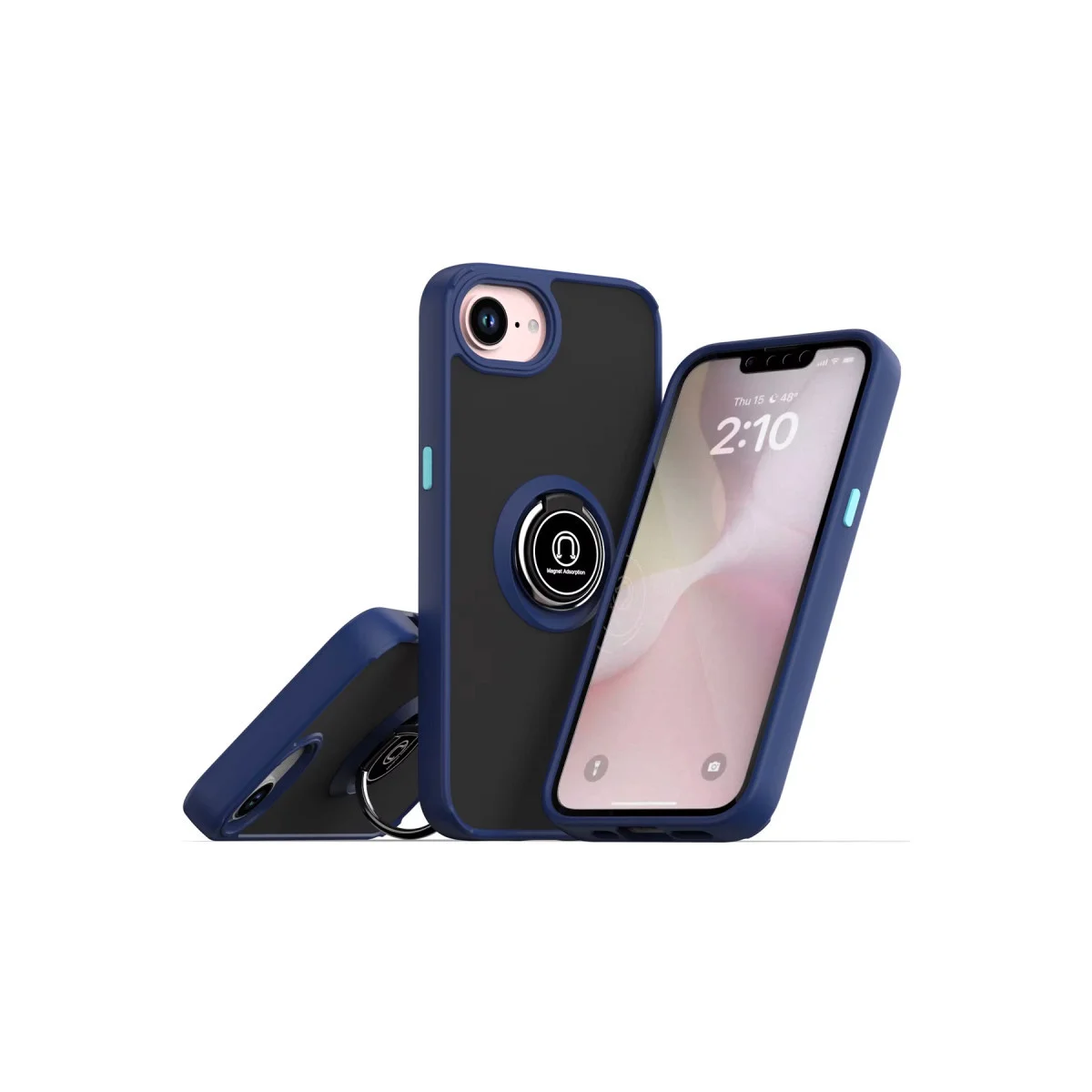 iPhone 16E Montreal Yüzüklü Silikon Kılıf - Lacivert ve Standlı Korumalı