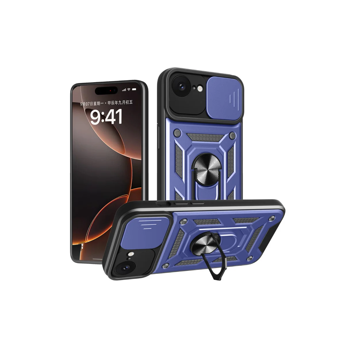 iPhone 16E Silikon Kılıf - Lens Korumalı, Pars Yüzüklü, Lacivert - Premium Koruma ve Stand