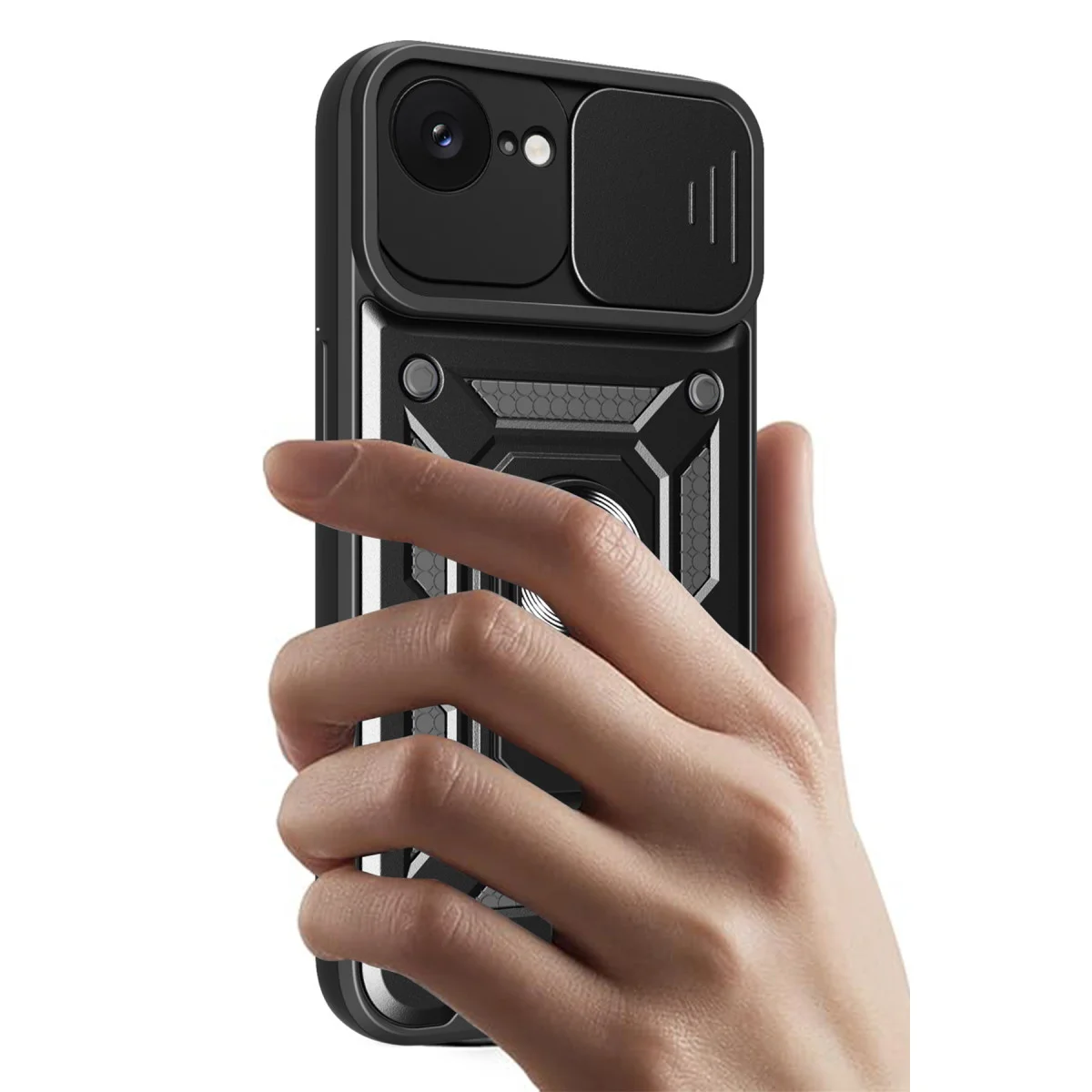 iPhone 16E Silikon Kılıf Siyah Lens Korumalı Metal Standlı