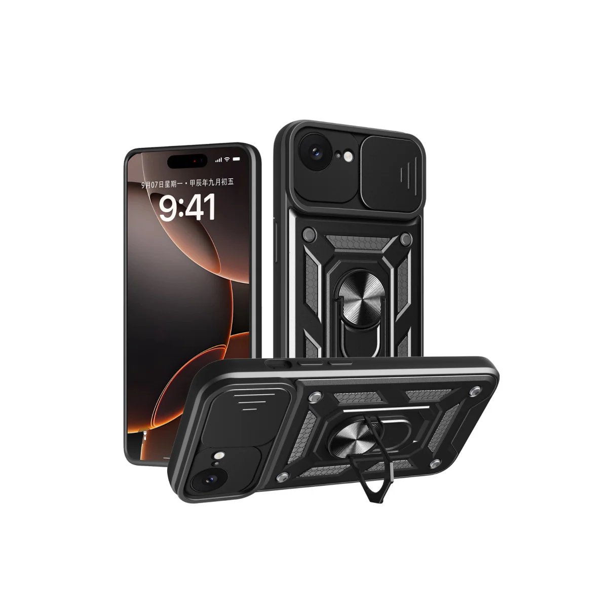 iPhone 16E Silikon Kılıf Siyah Lens Korumalı Metal Standlı