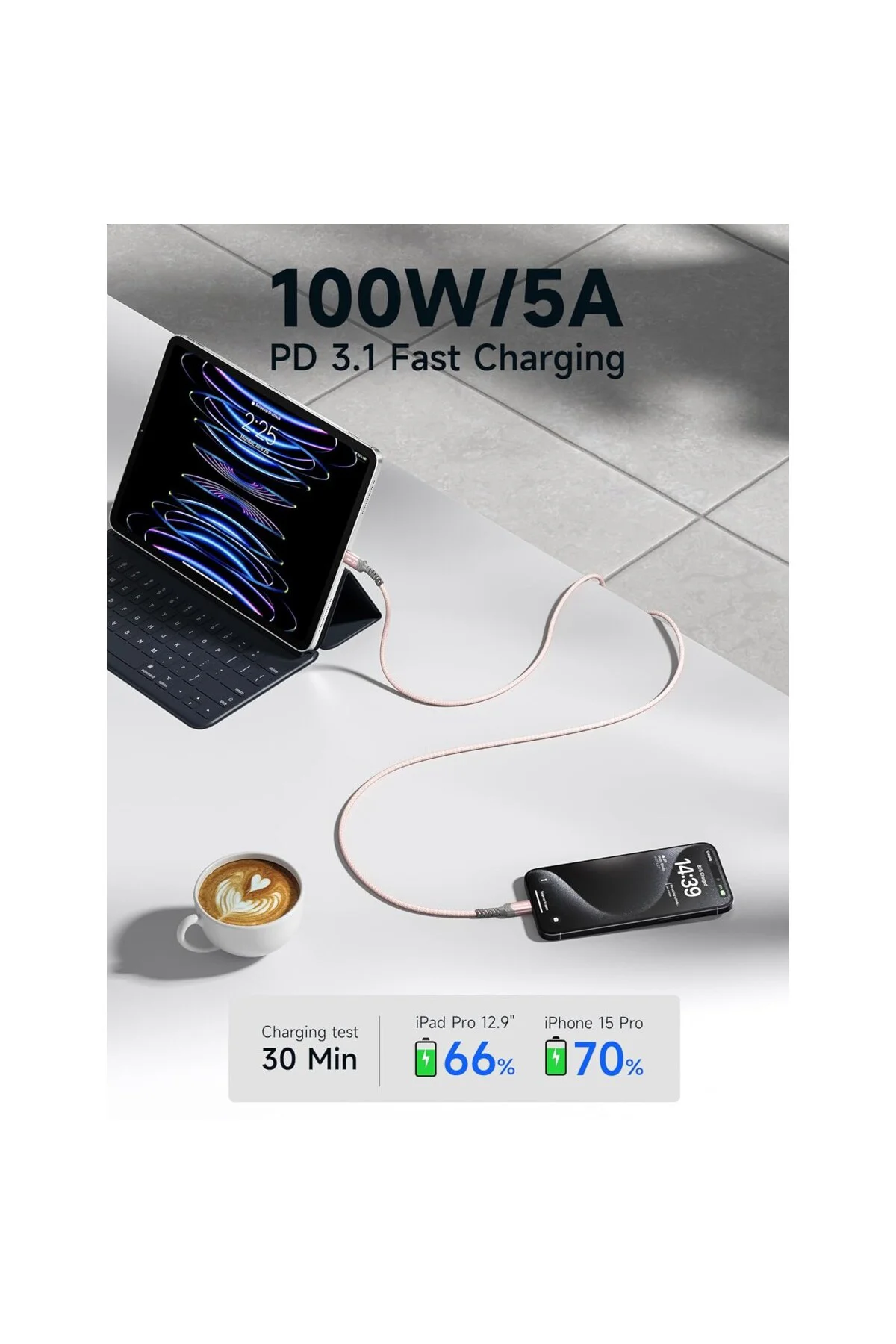 iPhone 17, 100W/5A USB C için USB C kablosu, dokuma şarj kablosu, hızlı şarj kablosu,