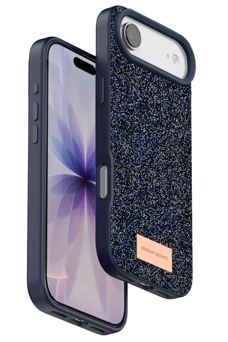 iPhone 17 Air ile Uyumlu Bright Simli Kapak - Mavi, Zarif Boncuk İşlemeli Telefon Kılıfı