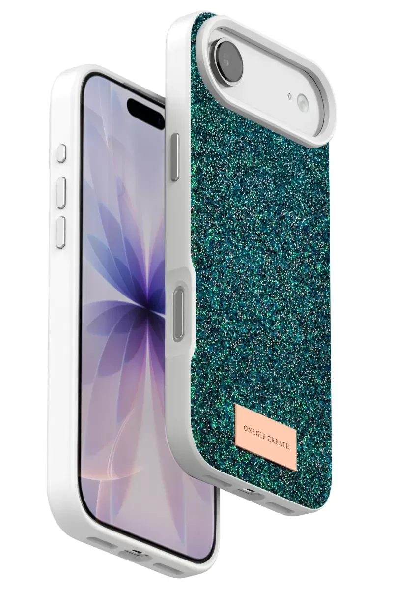 iPhone 17 Air ile Uyumlu Bright Simli Kapak - Koyu Yeşil Boncuk İşlemeli