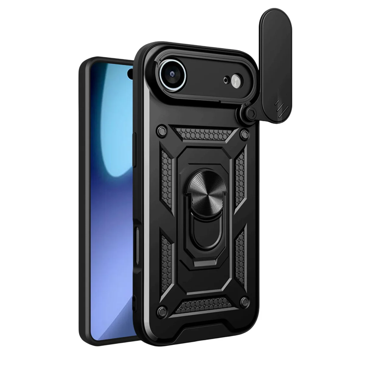 iPhone 17 Air Silikon Kılıf - Pars Lens Korumalı, Metal Standlı ve Sürgülü Kapaklı - Siyah
