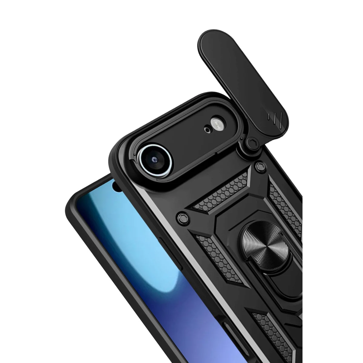 iPhone 17 Air Silikon Kılıf - Pars Lens Korumalı, Metal Standlı ve Sürgülü Kapaklı - Siyah