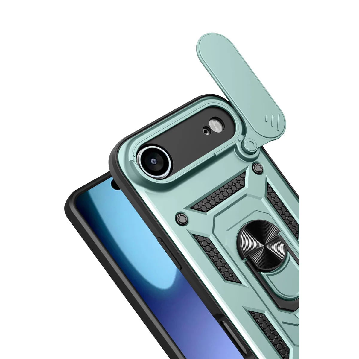 iPhone 17 Air Yeşil Pars Lens Yüzüklü Silikon Kılıf - Kamera ve Stand Özellikli