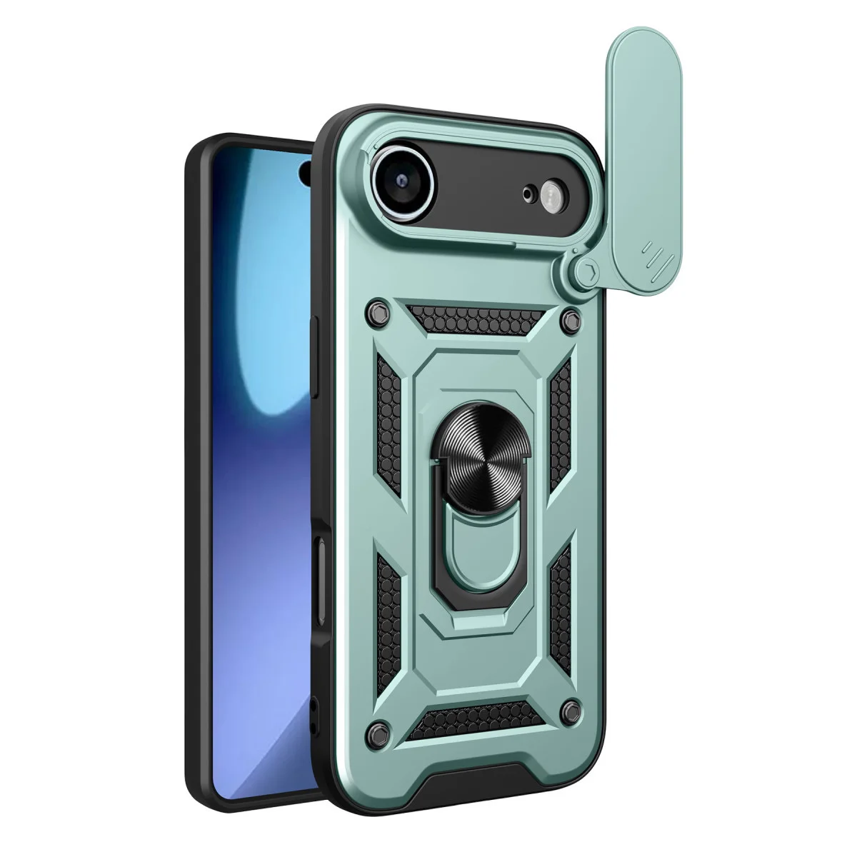 iPhone 17 Air Yeşil Pars Lens Yüzüklü Silikon Kılıf - Kamera ve Stand Özellikli