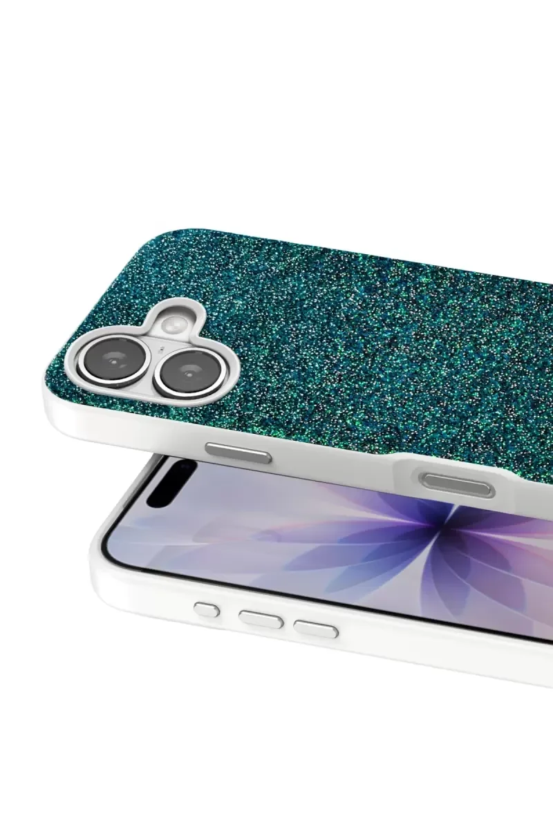 iPhone 17 ile Uyumlu Bright Simli Kapak - Koyu Yeşil Boncuk İşlemeli