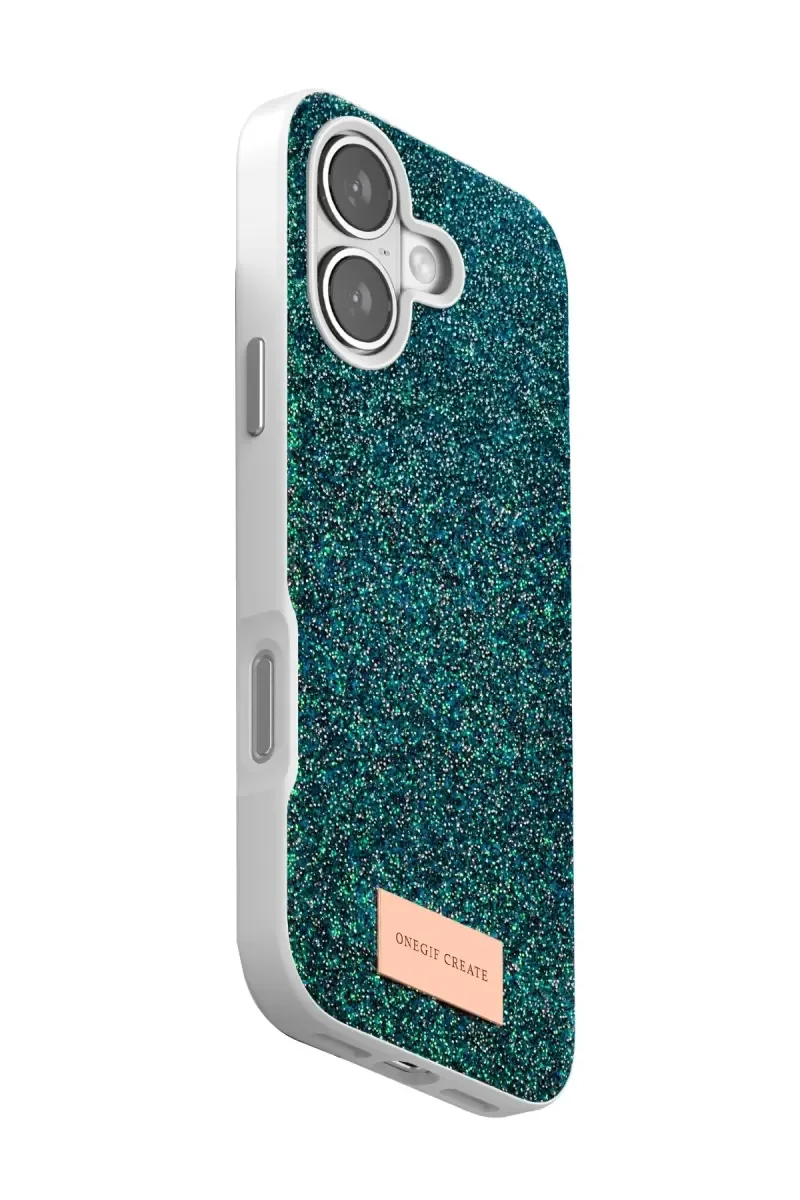 iPhone 17 ile Uyumlu Bright Simli Kapak - Koyu Yeşil Boncuk İşlemeli