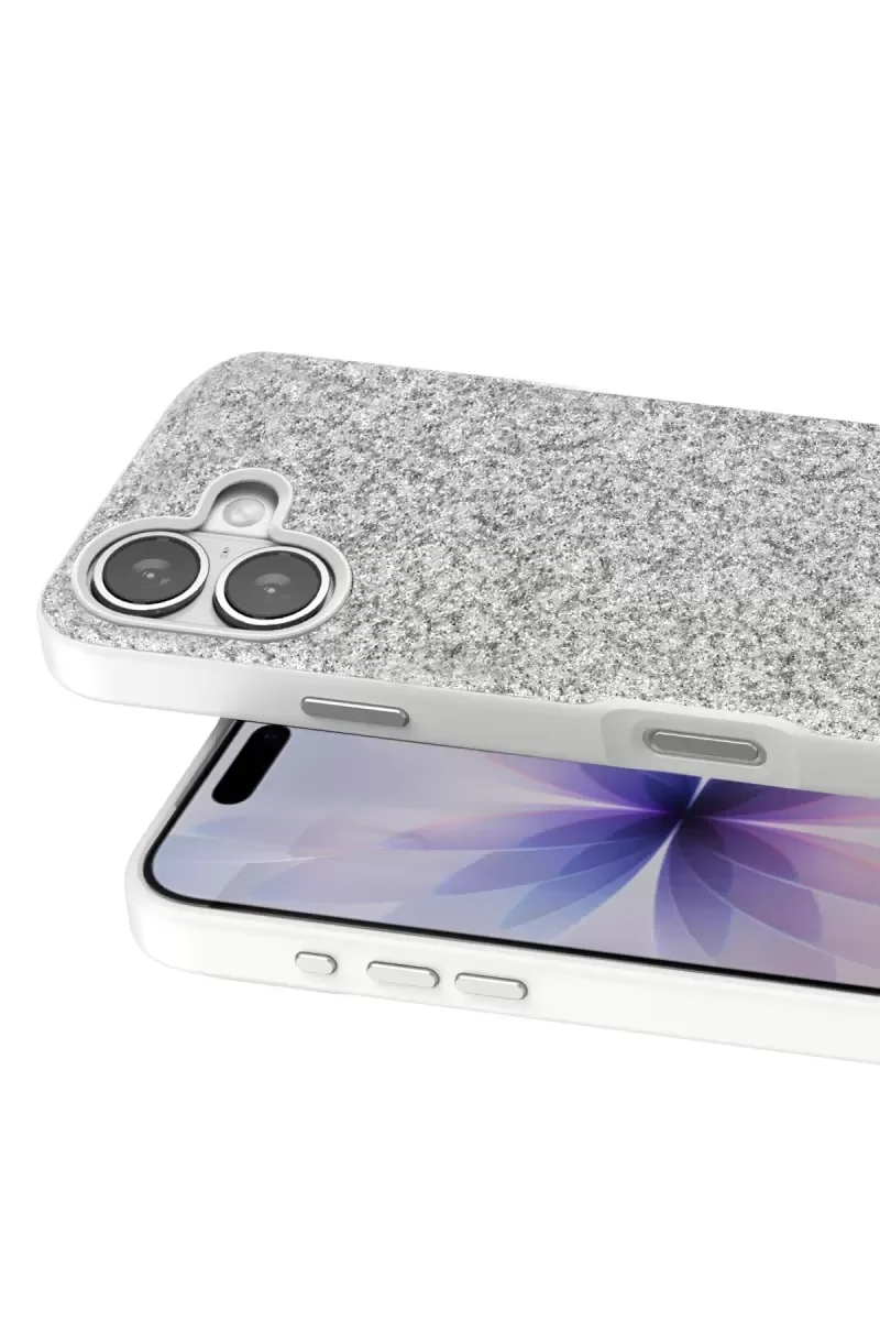 iPhone 17 ile Uyumlu Bright Simli Kapak - Boncuk İşlemeli Beyaz Telefon Kılıfı