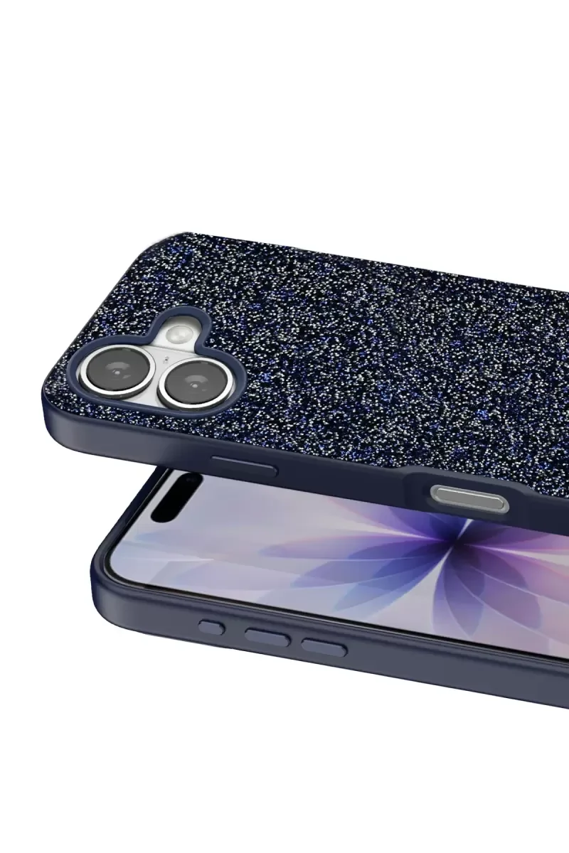 iPhone 17 ile Uyumlu Bright Simli Kapak - Mavi Boncuk İşlemeli Şık Telefon Kılıfı