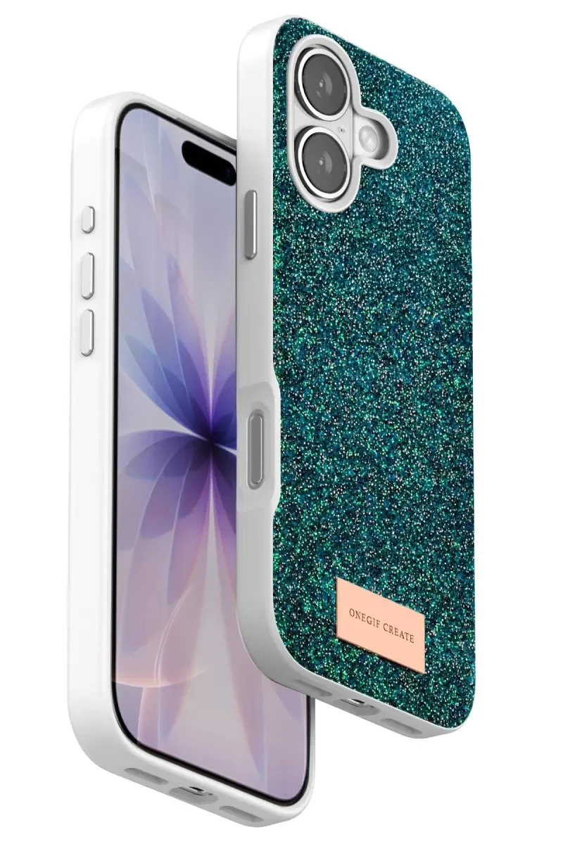 iPhone 17 ile Uyumlu Bright Simli Kapak - Koyu Yeşil Boncuk İşlemeli