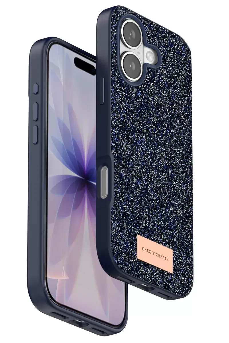 iPhone 17 ile Uyumlu Bright Simli Kapak - Mavi Boncuk İşlemeli Şık Telefon Kılıfı