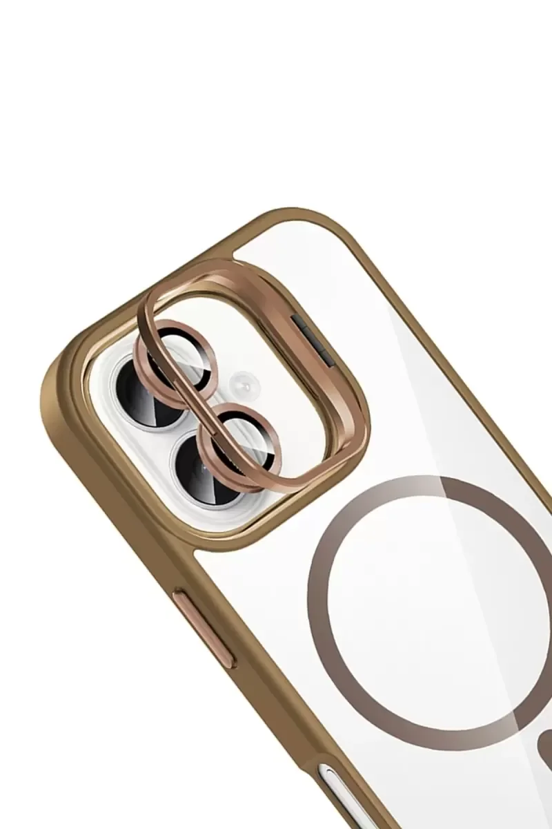 iPhone 17 ile Uyumlu Remim Lensli Magsafe Standlı Kapak - Kahverengi