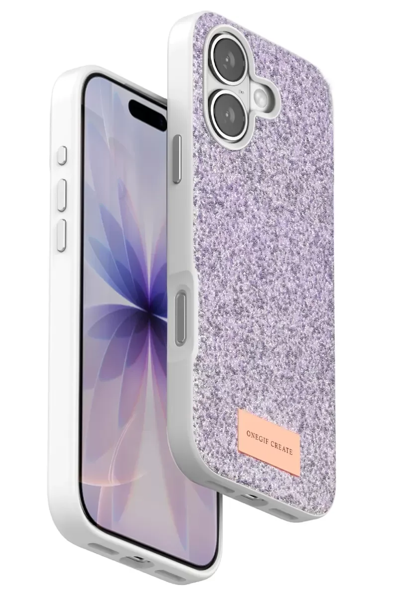 iPhone 17 ile Uyumlu Bright Simli Kapak - Lila, Zarif Boncuk İşlemeli Şık Telefon Kılıfı