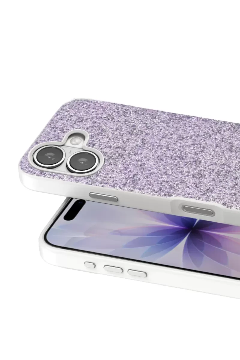 iPhone 17 ile Uyumlu Bright Simli Kapak - Lila, Zarif Boncuk İşlemeli Şık Telefon Kılıfı