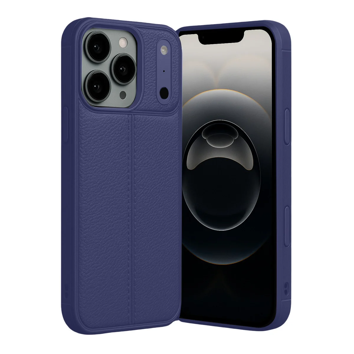 iPhone 17 Pro Auto Focus Kapak - Lacivert Deri Dokulu, Ultra Hafif ve Darbe Emici Korumalı Kılıf