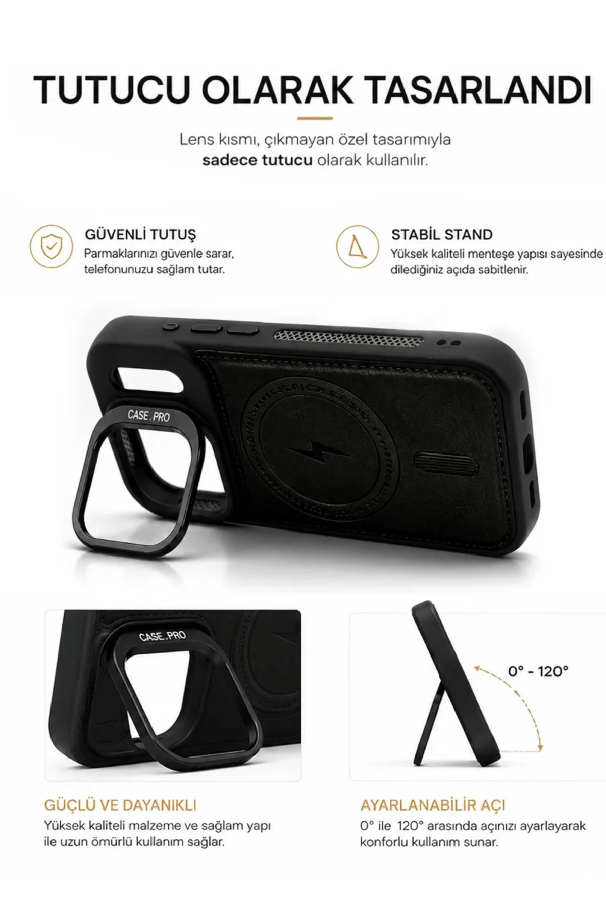 iPhone 17 Pro GripStand MagSafe Deri Kılıf Gri