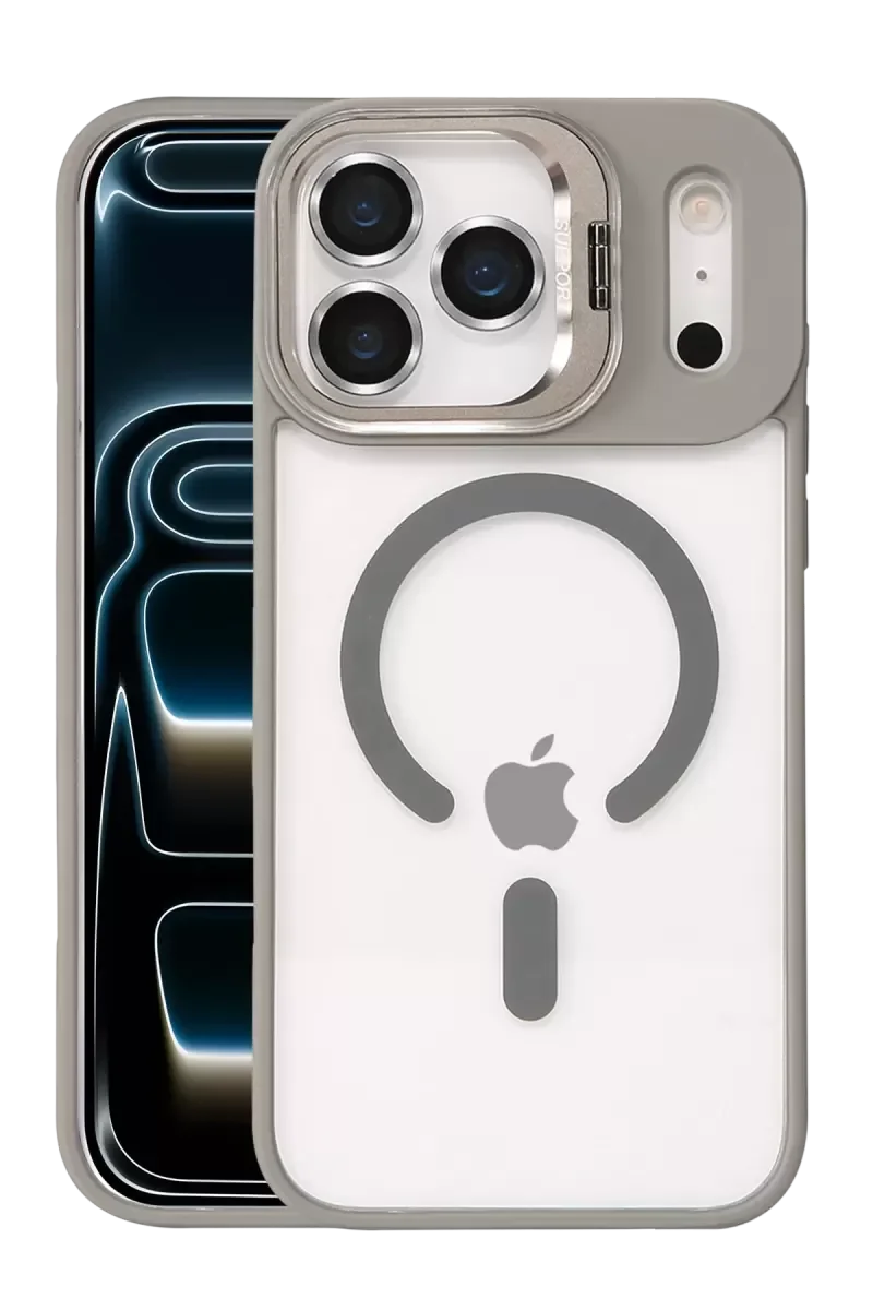 iPhone 17 Pro ile Uyumlu Remim Lensli MagSafe Standlı Kılıf - Titan Gri | Şeffaf Koruma
