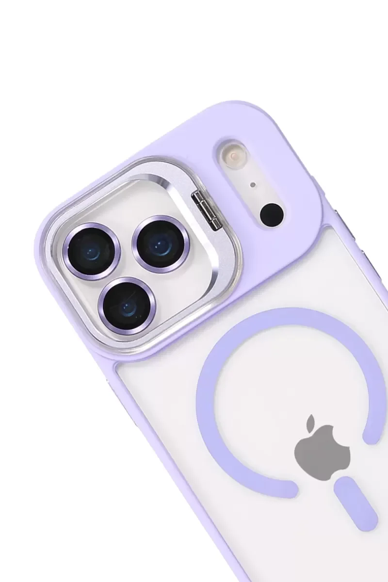 iPhone 17 Pro ile Uyumlu Remim Lensli MagSafe Standlı Kılıf - Lila Şeffaf Premium Koruma