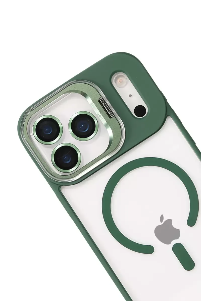 iPhone 17 Pro ile Uyumlu Remim Lensli Magsafe Standlı Kapak - Koyu Yeşil Şeffaf Kılıf