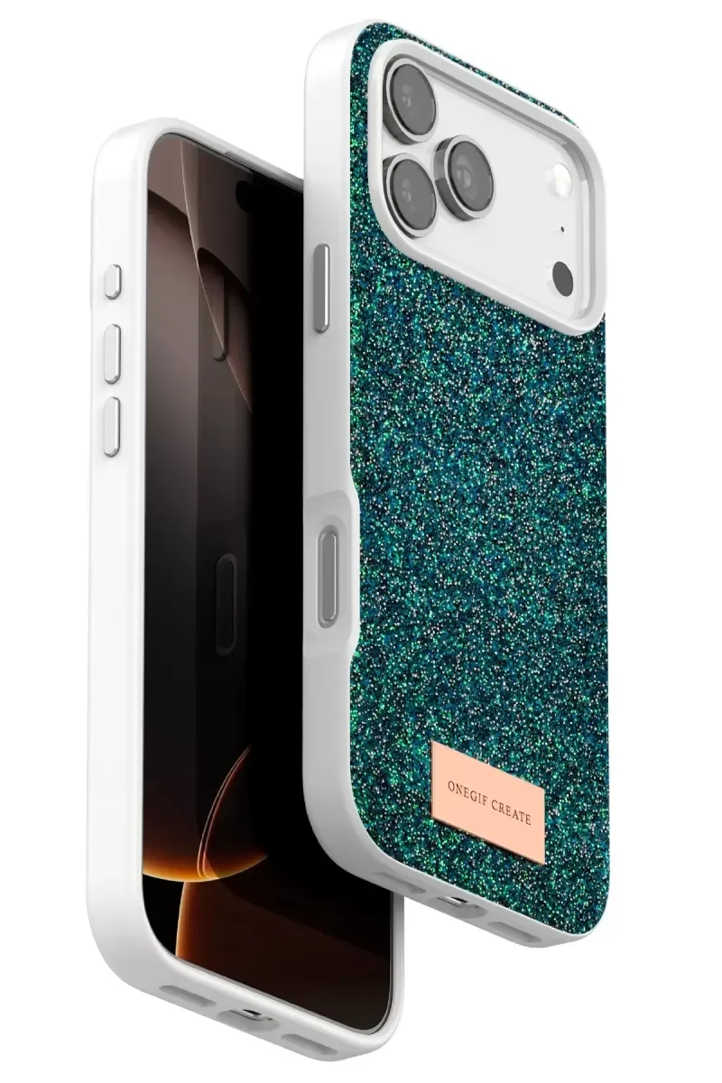 iPhone 17 Pro ile Uyumlu Bright Simli Kapak - Koyu Yeşil Boncuk İşlemeli Şık Telefon Kılıfı