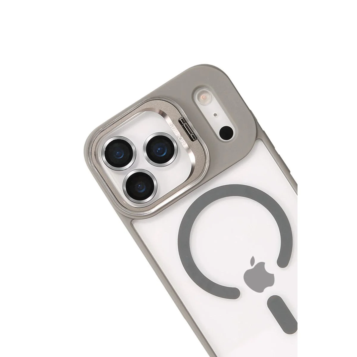iPhone 17 Pro ile Uyumlu Remim Lensli MagSafe Standlı Şeffaf Kılıf - Titan Gri