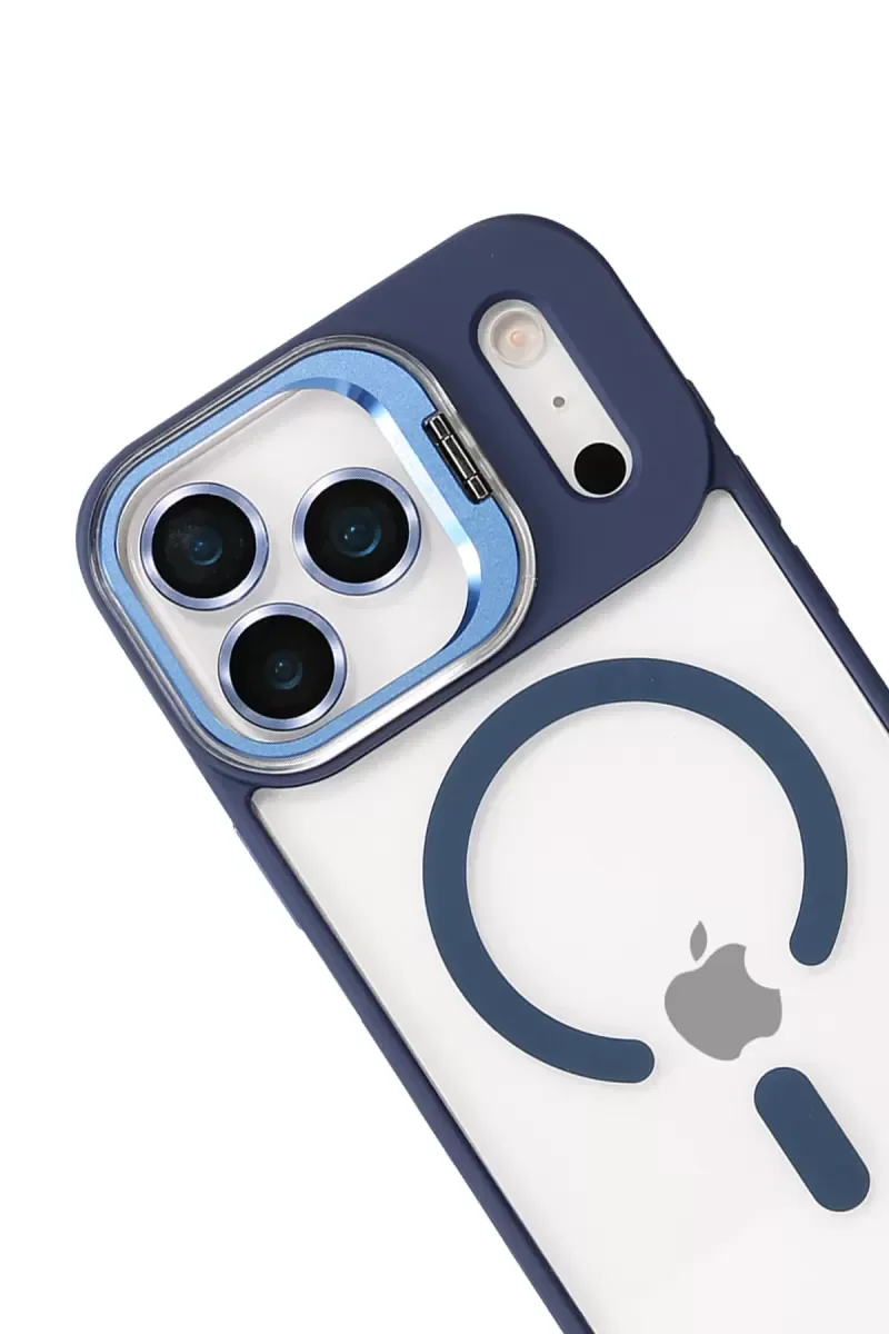 iPhone 17 Pro ile Uyumlu Remim Lensli Magsafe Standlı Kapak - Lacivert