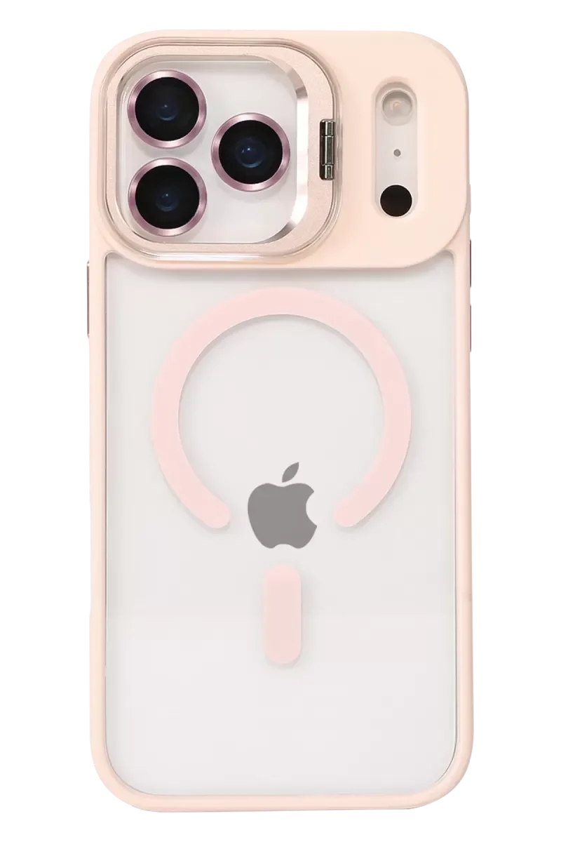 iPhone 17 Pro ile Uyumlu Remim Lensli MagSafe Standlı Kılıf - Şeffaf Pembe