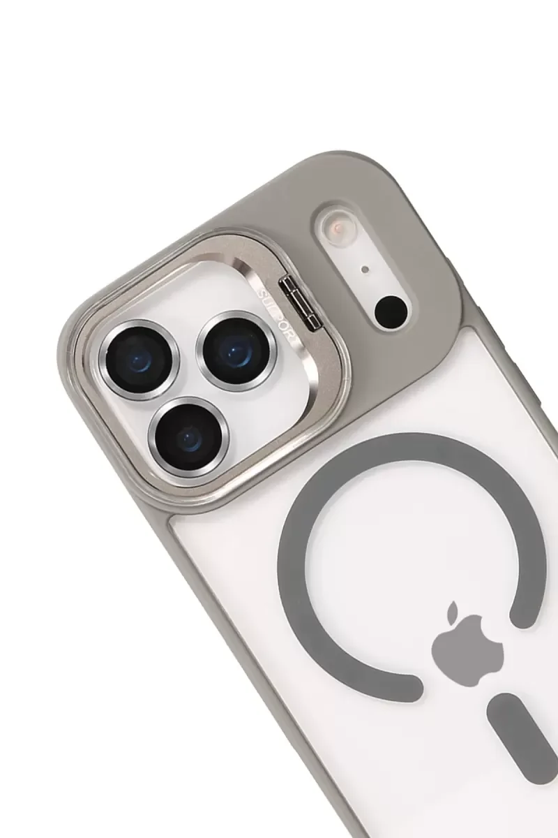iPhone 17 Pro ile Uyumlu Remim Lensli MagSafe Standlı Kılıf - Titan Gri | Şeffaf Koruma
