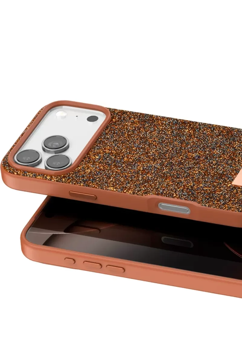 iPhone 17 Pro ile Uyumlu Bright Simli Kapak - Turuncu Boncuk İşlemeli