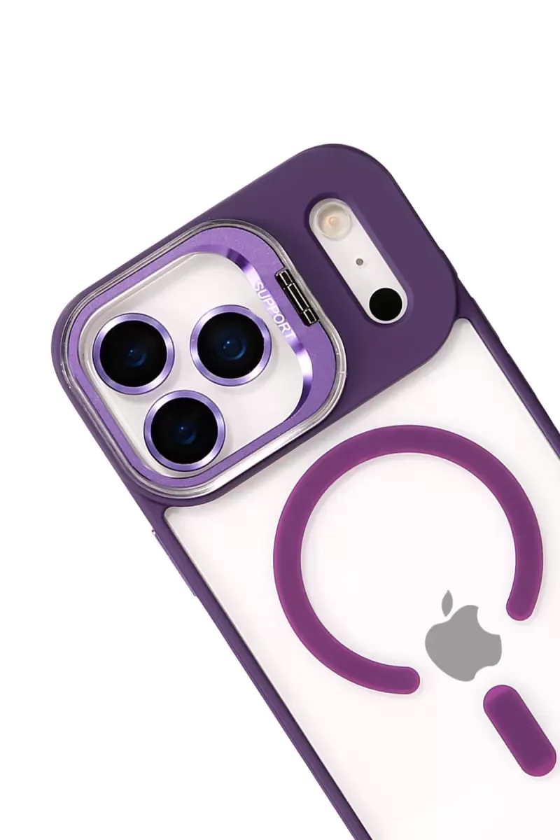 iPhone 17 Pro ile Uyumlu Remim Lensli MagSafe Standlı Kılıf - Derin Mor
