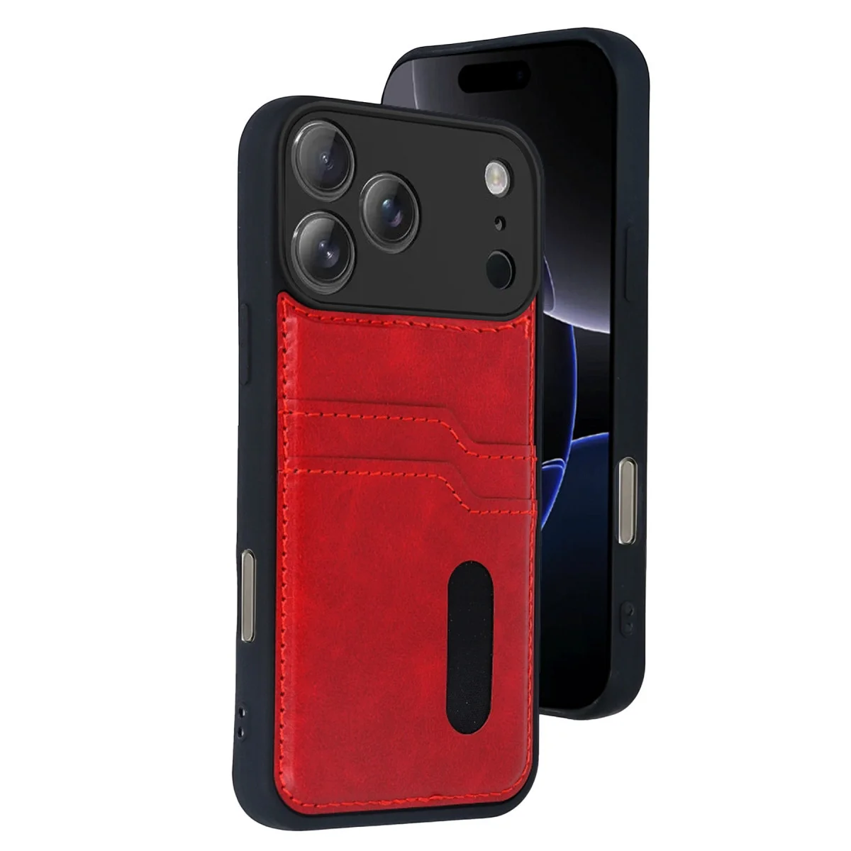 iPhone 17 Pro Kırmızı Deri Kılıf - Kart Yuvalı ve Tam Koruma