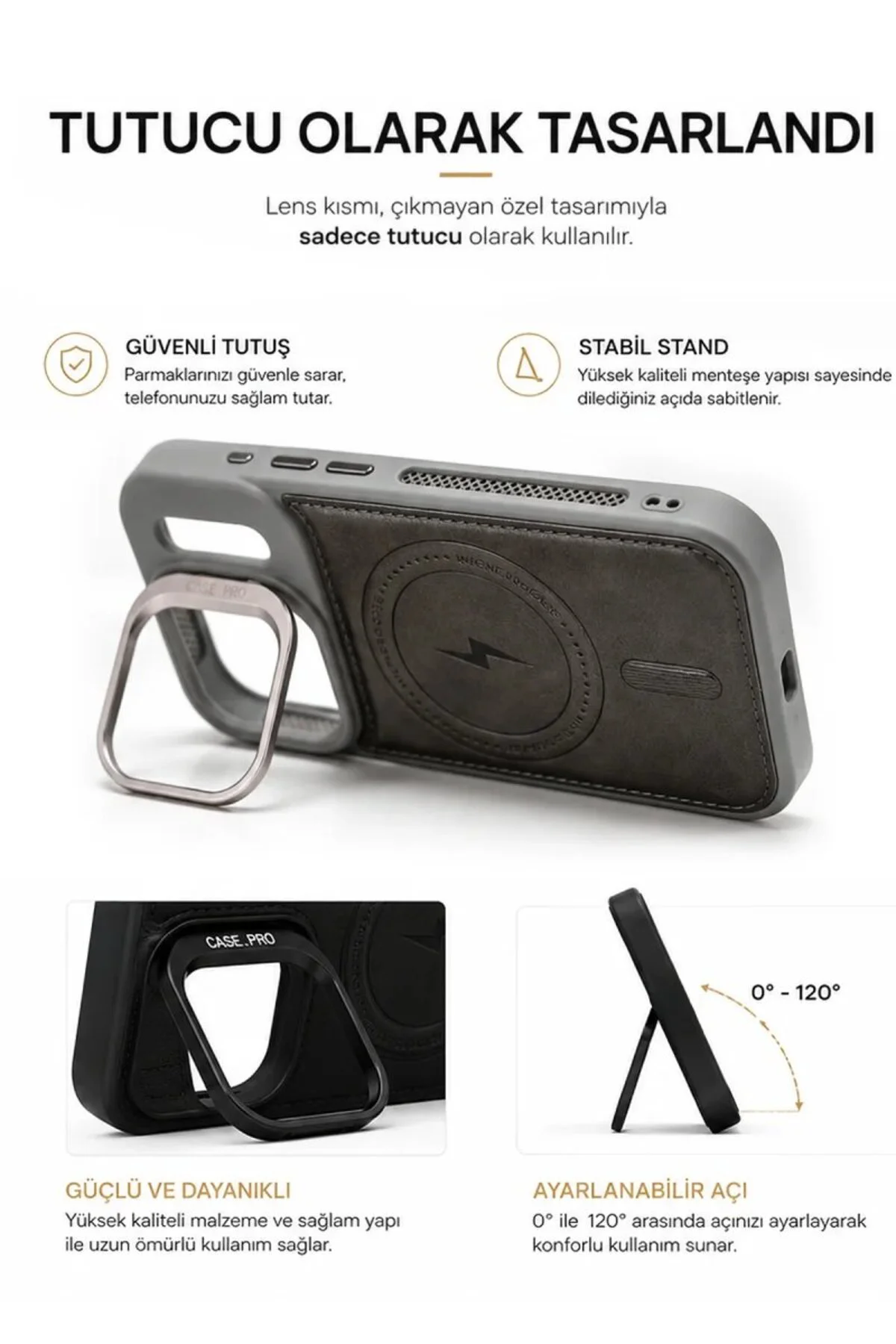 iPhone 17 Pro Max GripStand MagSafe Deri Kılıf Gri
