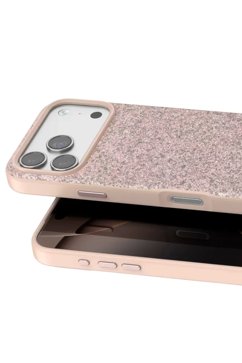 iPhone 17 Pro Max ile Uyumlu Bright Simli Kapak - Pembe Boncuk İşlemeli Şık Kılıf
