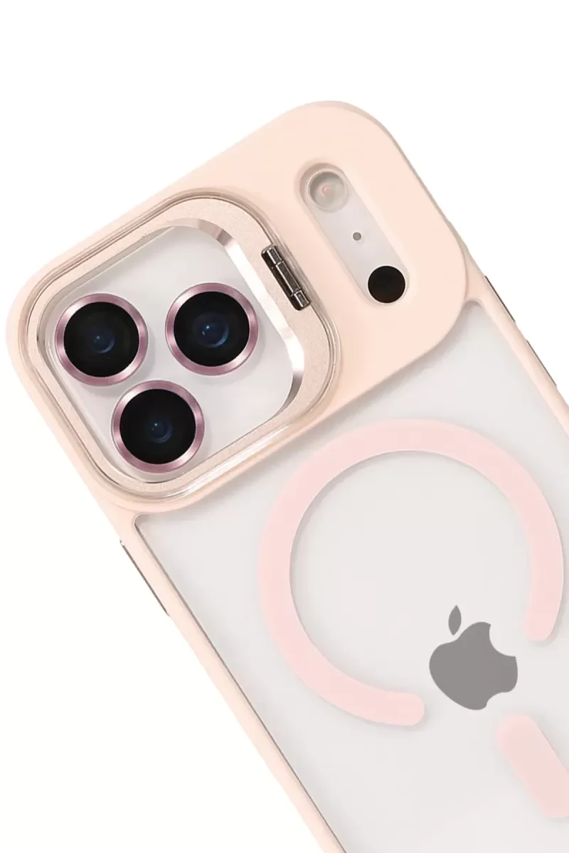 iPhone 17 Pro Max ile Uyumlu Remim Lensli Magsafe Standlı Kapak - Pembe Şeffaf